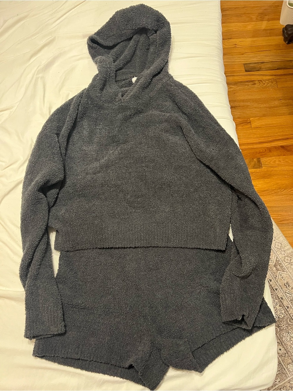 aerie Charcoal Plush Hooded Sweater and shorts set